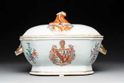 A Chinese famille rose armorial covered tureen and stand with the arms of Maltby impaling Lyne for the English market, Qianlong, ca. 1765