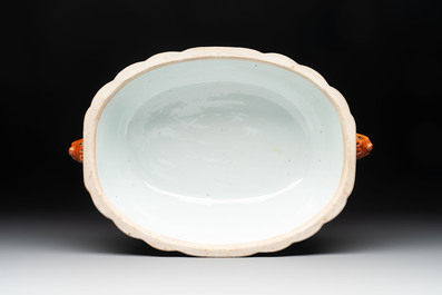A Chinese famille rose armorial covered tureen, stand and serving dish with the arms of Visdelou for the French market, Qianlong, ca. 1765