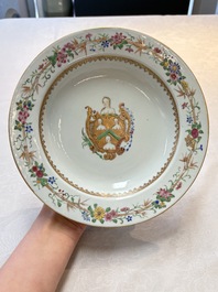 A pair of Chinese famille rose armorial soup plates with the arms of William Ellis for the English market, Qianlong, ca. 1755