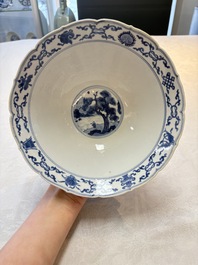 A rare Chinese blue and white 'Seven Sages of the Bamboo Grove' conical bowl, Kangxi mark and of the period