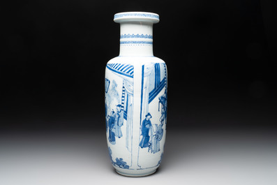 A Chinese blue and white rouleau vase with narrative design, Kangxi
