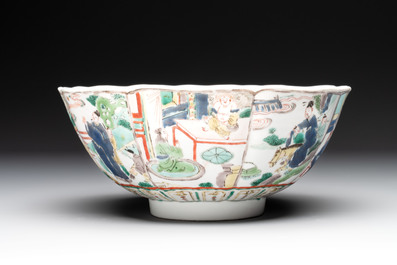 A Chinese famille verte bowl with narrative design, Fu 福 mark, Kangxi