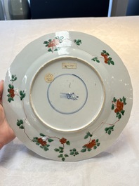A Chinese famille verte 'lady and her cat' dish, Ding mark, Kangxi