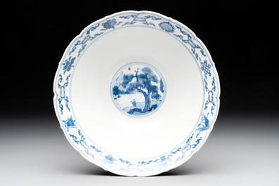 A rare Chinese blue and white 'Seven Sages of the Bamboo Grove' conical bowl, Kangxi mark and of the period