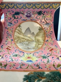 A Chinese famille rose pink-ground vase with figural design, Qianlong mark, 19/20th C.