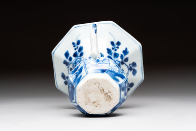 Five Chinese blue and white plates, a dish and a spittoon, Kangxi/Qianlong