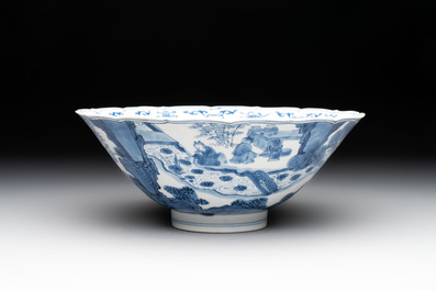 A rare Chinese blue and white 'Seven Sages of the Bamboo Grove' conical bowl, Kangxi mark and of the period