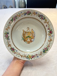 A pair of Chinese famille rose armorial soup plates with the arms of William Ellis for the English market, Qianlong, ca. 1755
