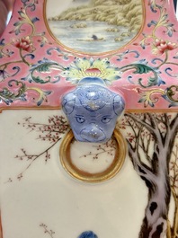 A Chinese famille rose pink-ground vase with figural design, Qianlong mark, 19/20th C.