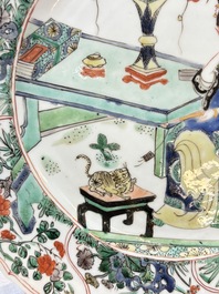 A Chinese famille verte 'lady and her cat' dish, Ding mark, Kangxi