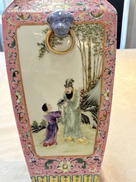 A Chinese famille rose pink-ground vase with figural design, Qianlong mark, 19/20th C.