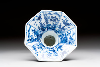 Five Chinese blue and white plates, a dish and a spittoon, Kangxi/Qianlong