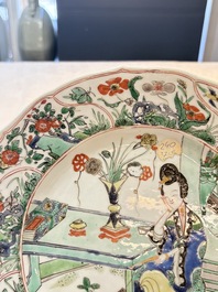 A Chinese famille verte 'lady and her cat' dish, Ding mark, Kangxi