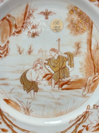 A pair of Chinese gilt-decorated iron-red 'Baptism' dishes, Yongzheng