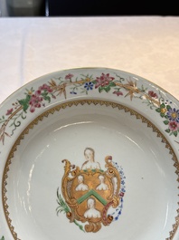 A pair of Chinese famille rose armorial soup plates with the arms of William Ellis for the English market, Qianlong, ca. 1755