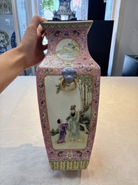 A Chinese famille rose pink-ground vase with figural design, Qianlong mark, 19/20th C.