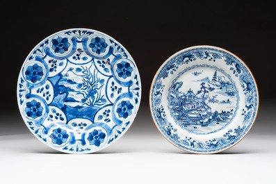 Five Chinese blue and white plates, a dish and a spittoon, Kangxi/Qianlong