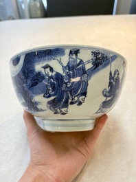 A Chinese blue and white 'Ba Xian Zhu Shou 八仙祝壽'  bowl, Shen De Tang Bo Gu Zhi 慎德堂博古製 mark, Kangxi