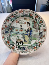 A Chinese famille verte 'lady and her cat' dish, Ding mark, Kangxi