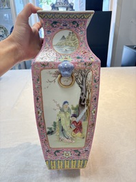 A Chinese famille rose pink-ground vase with figural design, Qianlong mark, 19/20th C.