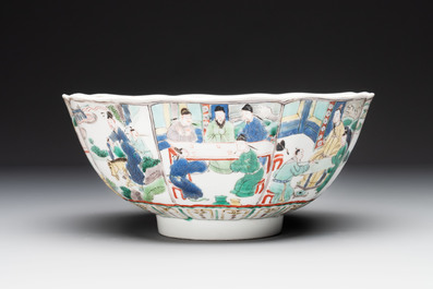 A Chinese famille verte bowl with narrative design, Fu 福 mark, Kangxi