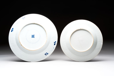 Five Chinese blue and white plates, a dish and a spittoon, Kangxi/Qianlong