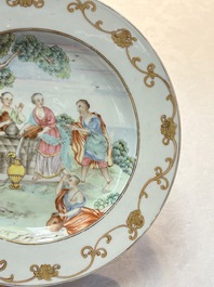 A Chinese famille rose 'Rebecca at the well' plate, Qianlong, ca. 1750