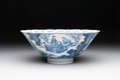 A rare Chinese blue and white 'Seven Sages of the Bamboo Grove' conical bowl, Kangxi mark and of the period