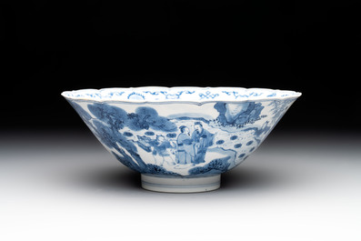 A rare Chinese blue and white 'Seven Sages of the Bamboo Grove' conical bowl, Kangxi mark and of the period