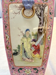 A Chinese famille rose pink-ground vase with figural design, Qianlong mark, 19/20th C.