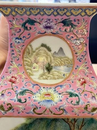 A Chinese famille rose pink-ground vase with figural design, Qianlong mark, 19/20th C.