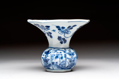 Five Chinese blue and white plates, a dish and a spittoon, Kangxi/Qianlong