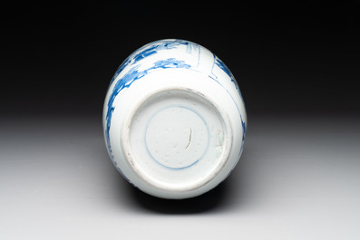 A Chinese blue and white rouleau vase with narrative design, Kangxi