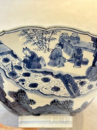 A rare Chinese blue and white 'Seven Sages of the Bamboo Grove' conical bowl, Kangxi mark and of the period