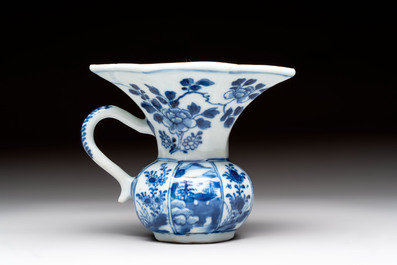 Five Chinese blue and white plates, a dish and a spittoon, Kangxi/Qianlong