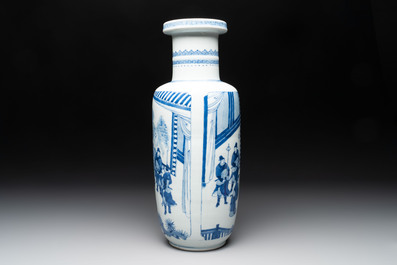 A Chinese blue and white rouleau vase with narrative design, Kangxi