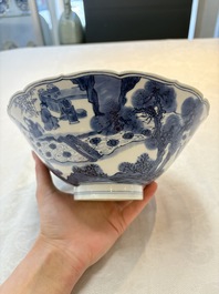 A rare Chinese blue and white 'Seven Sages of the Bamboo Grove' conical bowl, Kangxi mark and of the period