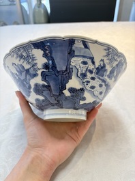 A rare Chinese blue and white 'Seven Sages of the Bamboo Grove' conical bowl, Kangxi mark and of the period