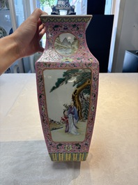 A Chinese famille rose pink-ground vase with figural design, Qianlong mark, 19/20th C.