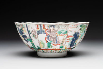 A Chinese famille verte bowl with narrative design, Fu 福 mark, Kangxi