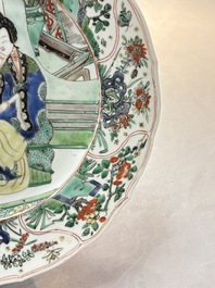 A Chinese famille verte 'lady and her cat' dish, Ding mark, Kangxi