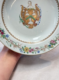 A pair of Chinese famille rose armorial soup plates with the arms of William Ellis for the English market, Qianlong, ca. 1755