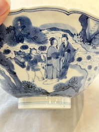 A rare Chinese blue and white 'Seven Sages of the Bamboo Grove' conical bowl, Kangxi mark and of the period