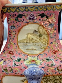 A Chinese famille rose pink-ground vase with figural design, Qianlong mark, 19/20th C.