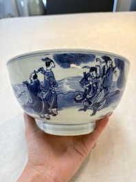 A Chinese blue and white 'Ba Xian Zhu Shou 八仙祝壽'  bowl, Shen De Tang Bo Gu Zhi 慎德堂博古製 mark, Kangxi