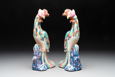 A rare pair of Chinese famille rose models of phoenixes, Qianlong