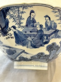 A rare Chinese blue and white 'Seven Sages of the Bamboo Grove' conical bowl, Kangxi mark and of the period