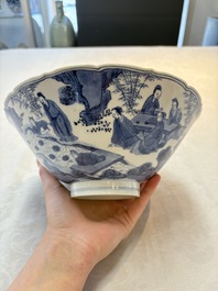 A rare Chinese blue and white 'Seven Sages of the Bamboo Grove' conical bowl, Kangxi mark and of the period