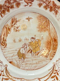 A pair of Chinese gilt-decorated iron-red 'Baptism' dishes, Yongzheng