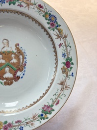 A pair of Chinese famille rose armorial soup plates with the arms of William Ellis for the English market, Qianlong, ca. 1755